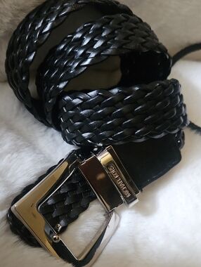 MICHAEL KORS Black Braided Leather Belt with Silver Buckle